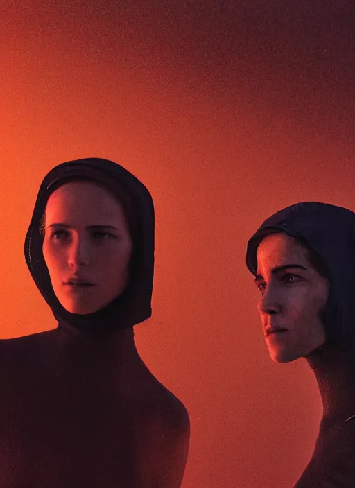 Image similar to cinestill 5 0 d photographic portrait by steve mccurry of two loving female androids wearing rugged black mesh techwear on a desolate plain with a red sky, extreme closeup, cyberpunk style, dust storm, 8 k, hd, high resolution, 3 5 mm, f / 3 2, ultra realistic faces, ex machina, blade runner