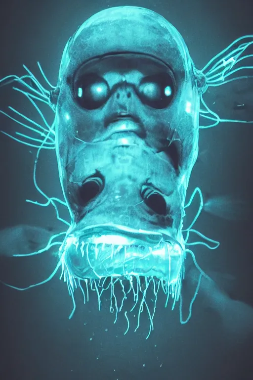 Prompt: a detailed spooky photograph of an angler fish with light blue neon - like lights, deep underwater scene, dark image, menacing angler fish, symmetry, poster