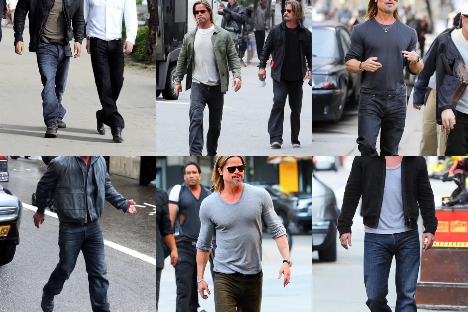 Prompt: brad Pitt walking down the street, paparazzi style