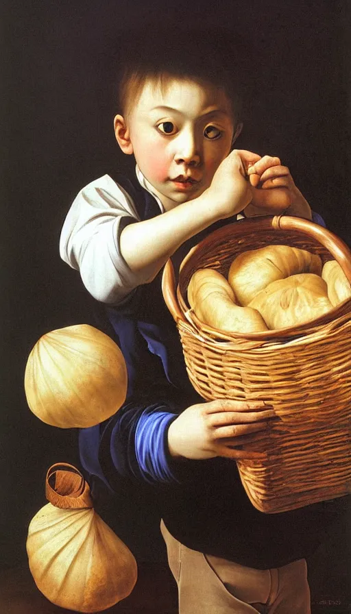 Prompt: hyperrealistic still life painting of a boy with a basket of bao by Caravaggio, botanical print