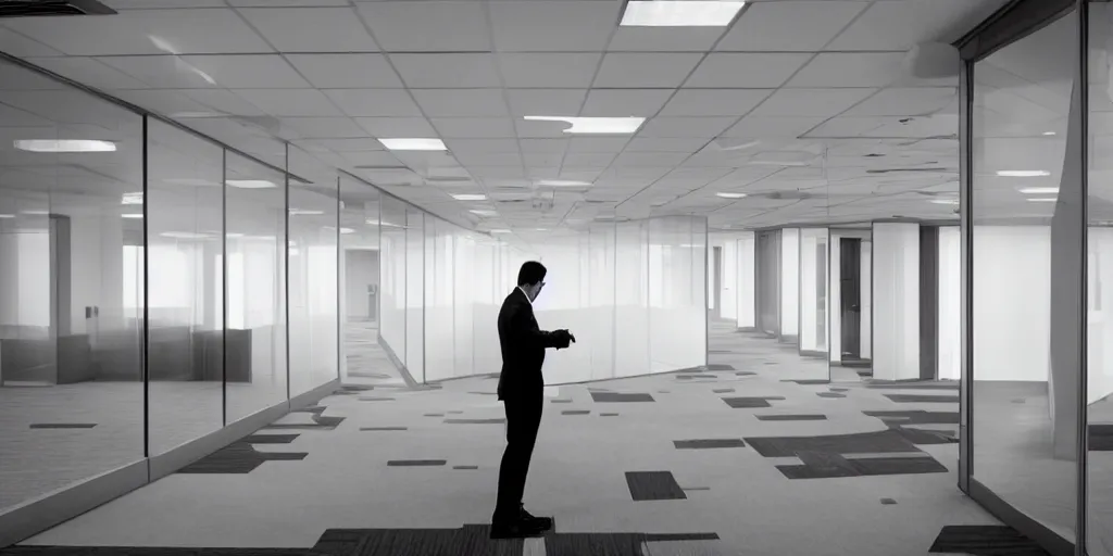 Image similar to a man standing in an office building, cubicles, cinematic, anamorphic lens, atmospheric, cinematography by greig fraser