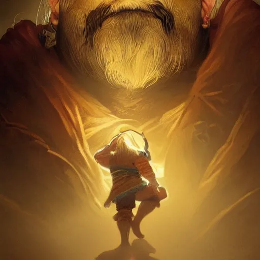 Image similar to portrait of a brutal dwarf hugging the humongous raw, unrefined sparkling gold nugget, lump of native gold, realistic, fantasy art, dnd, lord of the rings, medium shot, mid - shot, moody lighting, by greg rutkowski, alphonse mucha, artgerm, trending on artstation, concept art, sharp focus, octane render, cgsociety