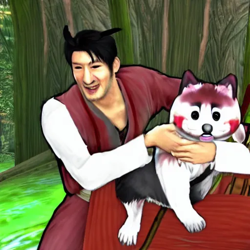 Image similar to Screenshot of the Markiplier character in the PlayStation 2 game Okami. HDR, 4k, 8k, Okami being petted by the YouTuber Markiplier, who is looking at the camera while petting Okami. Very accurate depiction of Markiplier in Okami. Okami looks exactly like the game.