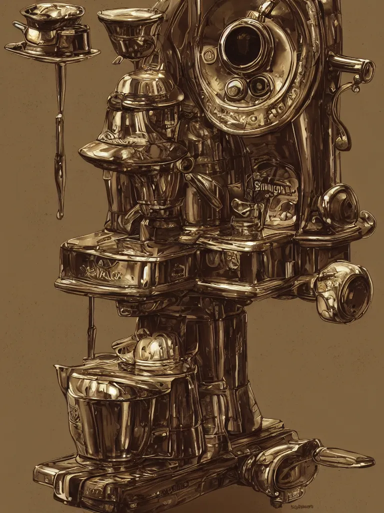 Prompt: wide angle product photography of an ancient coffee machine, by Simon Stalenhaag, by Yoshita Amano, by Esao Andrews, sharp focus, fresh colors, conceptart, trending on artstation