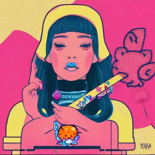 Image similar to dojacat profile picture by sachin teng x hellokitty, vector, ganja, marijuana, organic painting, hard edges, masterpiece, smoke, asymmetrical, matte paint, energetic