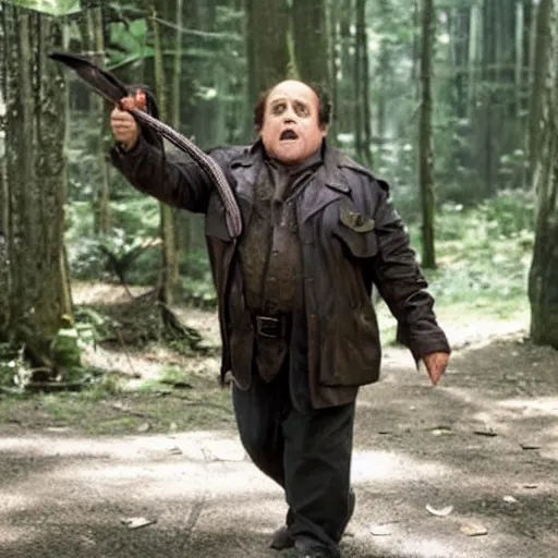 Image similar to Danny Devito as Katniss Everdeen in The Hunger Games