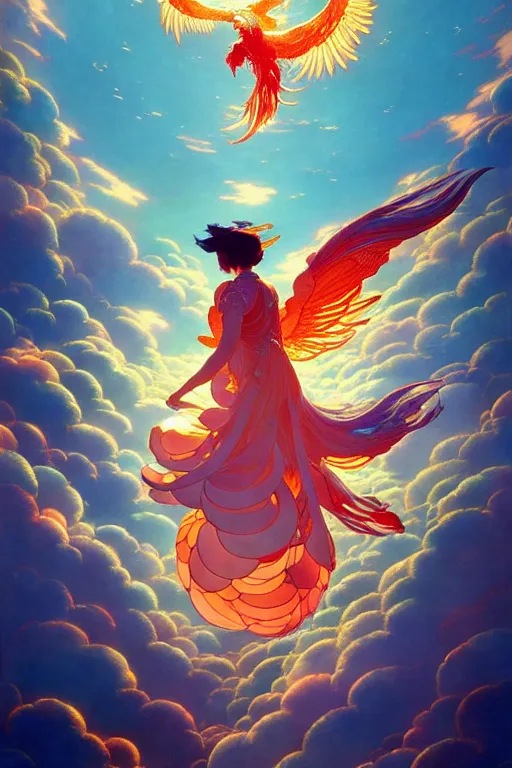 Image similar to victo ngai and lfons mucha painting of a phoenix in the sky, chinese style ， makoto shinkai ， final fantasy, unreal engine 5 highly rendered, global illumination, radiant light, detailed and intricate environment