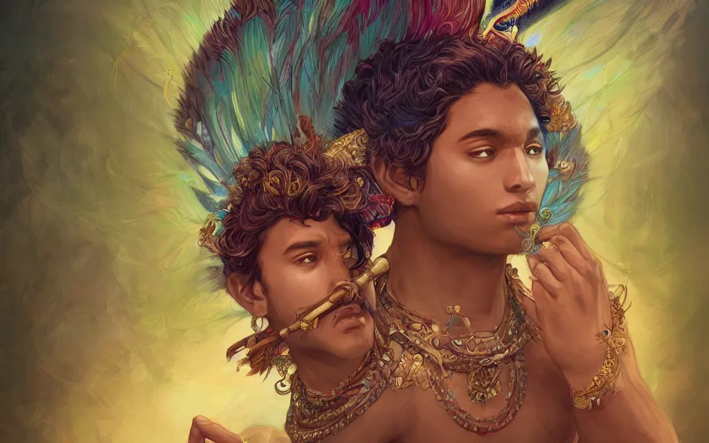 Prompt: highly detailed portrait of the most beautiful male child as the supreme personality of godhead with a dark complexion and playing an indian flute and sitting on a peafowl, in the style of charlie bowater, epic lighting, vibrant colours and beautiful light, very coherent, trending on artstation