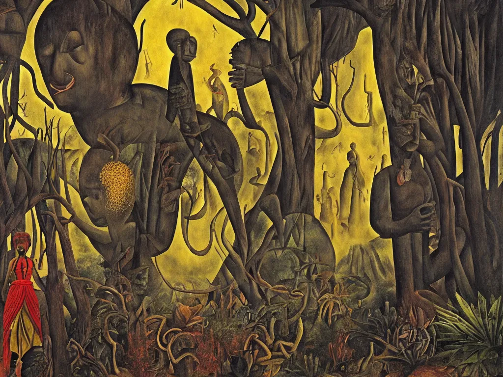 Prompt: Giant African sculpted god in a ravine, fog, melancholy, noise, surreal canopy, fire, harsh, golden light. Painting by Bosch, Frida Kahlo, Yves Tanguy.