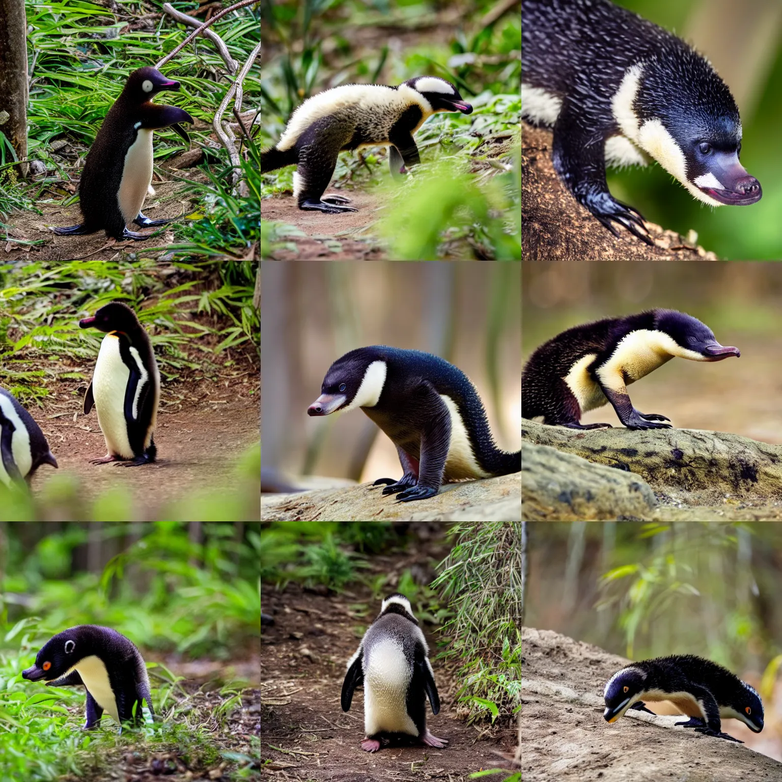 Prompt: one honey badger in forest. two penguin walk. one small snake