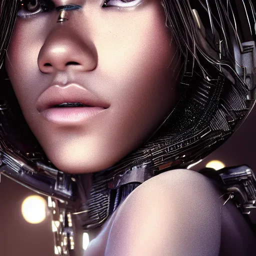 Image similar to full-length portrait of beautiful cyber beautiful Zendaya, cyberpunk, close-up, photorealistic, octane render, 35mm, beautiful big symmetric eyes, coherent, 4k, Unreal Engine, intricate details, concept art, volumetric lighting, trending or artstation, award winning, beautiful scenery, ray tracing