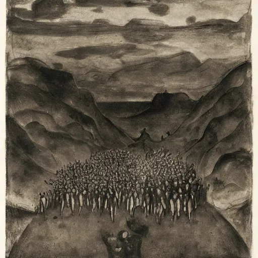 Image similar to serene, dull by ambrosius benson, by emil nolde. a illustration of a coffin being carried by six men through an ethereal, otherworldly landscape. the men are all wearing hooded cloaks. the landscape is eerie & foreboding, with jagged rocks & eerie, glowing plants.