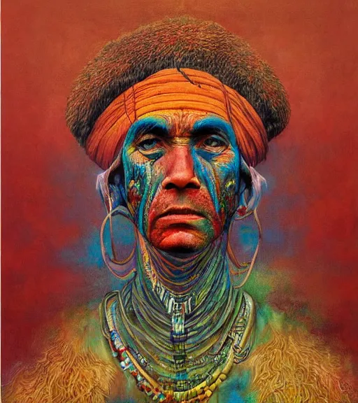 Image similar to Portrait painting in a style of Beksinski mixed with Alex Grey of an old shaman dressed in a colorful traditional clothes.