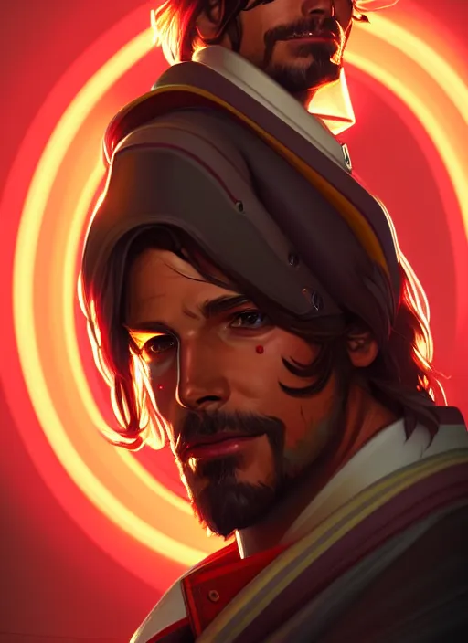 Prompt: symmetry portrait of mccree from overwatch, closeup, sci - fi, tech wear, glowing lights intricate, elegant, highly detailed, digital painting, artstation, concept art, smooth, sharp focus, illustration, art by artgerm and greg rutkowski and alphonse mucha