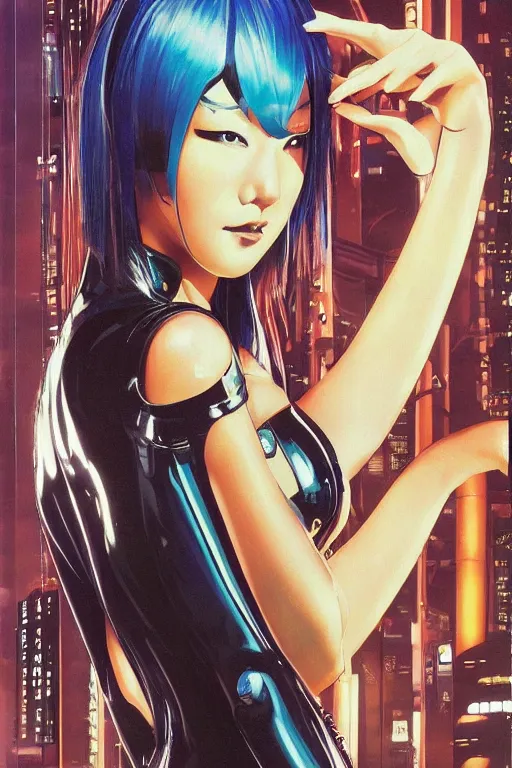 Image similar to cyberpunk japanese women with black eyes and pretty face wearing latex catsuit and lots of transparent and cellophane accessories, blue hour, crisp, painting by moebius and mayumi hosokura