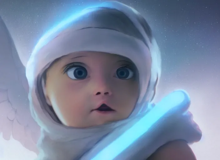 Prompt: angel baby cherub wearing a balaclava ski mask face covered role in a musical sci - fi space opera ghibli animated film, volumetric lighting, octane render by stanley artgerm lau, greg rutkowski, thomas kindkade, alphonse mucha, loish, norman rockwel,