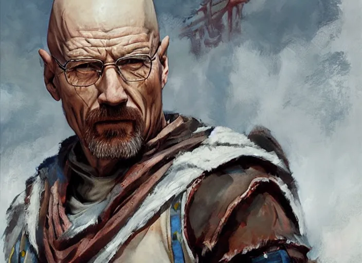 Image similar to a highly detailed beautiful portrait of walter white as kratos, by gregory manchess, james gurney, james jean