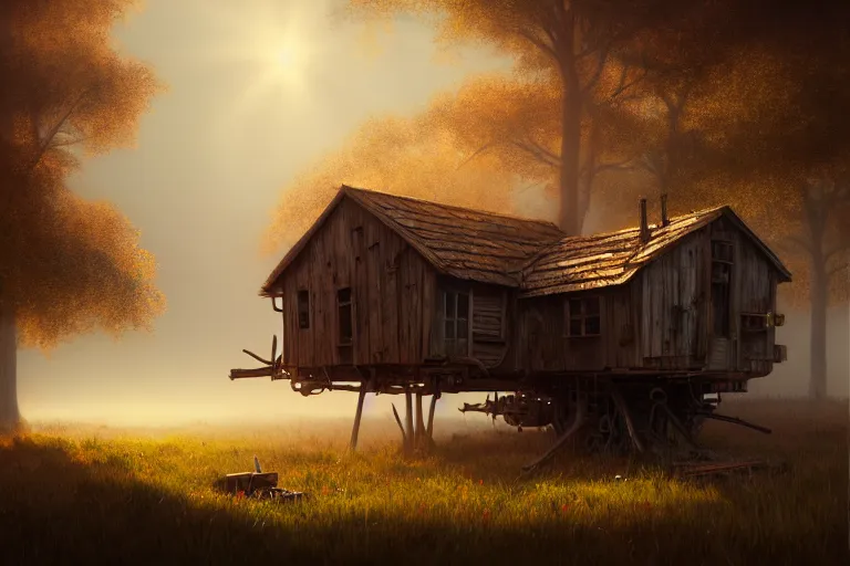 Prompt: a wood house walking with two mechanical legs, rust, hyperrealistic, highly detailed, cinematic, single ray of sun, fog, beautiful, cgssociety, artstation, 8 k, oil painting