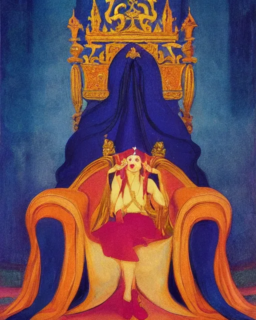 Prompt: an illustration of a queen on a throne at night in the style of johann heinrich fussli and nicholas roerich and georgia o keeffe, realistic, highly detailed, master oil painting, concept art