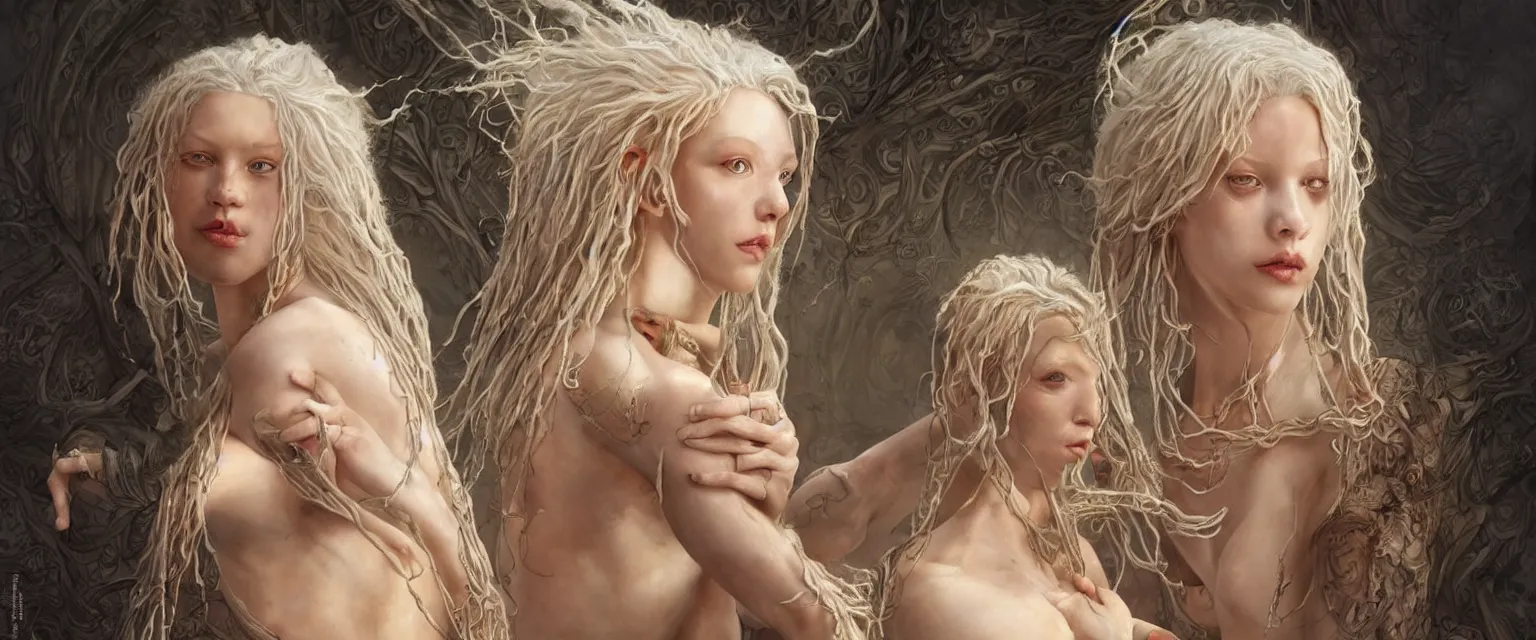 Prompt: a highly detailed symmetrical full body painting of a white skinned beautiful albino woman washing dreadlocks in dynamic lighting, ambient lighting, deviantart, art by artgerm and karol bak and mark brooks h