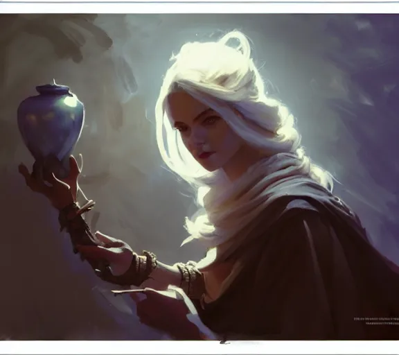 Image similar to greg manchess portrait painting of beautiful mage, d & d, fantasy, medium shot, asymmetrical, intricate, elegant, matte painting, illustration, hearthstone, by greg rutkowski, by greg tocchini, by james gilleard, by joe fenton, dynamic lighting, gradient light blue, brown, blonde cream and white color scheme, grunge aesthetic