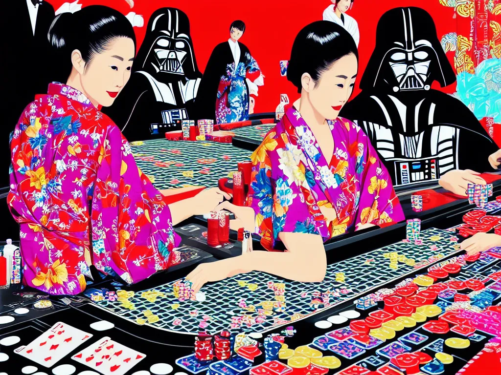 Prompt: hyperrealistim composition of the detailed single woman in a japanese kimono sitting at a extremely detailed poker table with darth vader, fireworks, river on the background, pop - art style, jacky tsai style, andy warhol style, acrylic on canvas