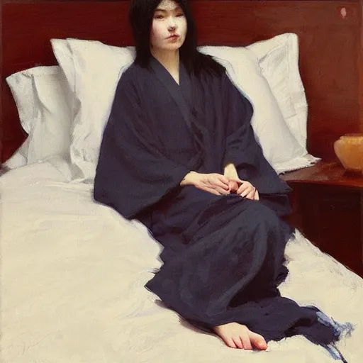 Image similar to girl with flowing dark hsir, in kimono, frontview, sitting on edge of bed, big chest by jeremy lipking, tim rees, joseph todorovitch