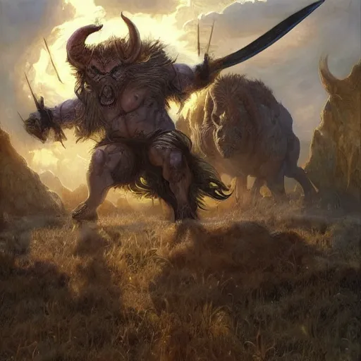 Image similar to huge smug minotaur wielding a great - axe, menacing aura, art by donato giancola and greg rutkowski, realistic face, digital art, trending on artstation