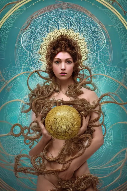 Prompt: an immaculate render of a complex metallic sphere spawning cables and bird wings, floating in a temple surrounded by wild tentacles made from mandalas and incense smoke, full body, perfect face, powerful, cinematic, beautifully lit, by artgerm, by alphonse mucha, by karol bak, 3 d, trending on artstation, octane render, 8 k