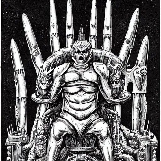 Prompt: illustration. the god emperor on his golden throne. 4 0 k. body horror. in the style of giger.