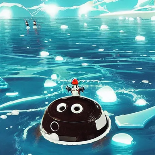 Image similar to “robot seals swimming through the Arctic Ocean, anime style”