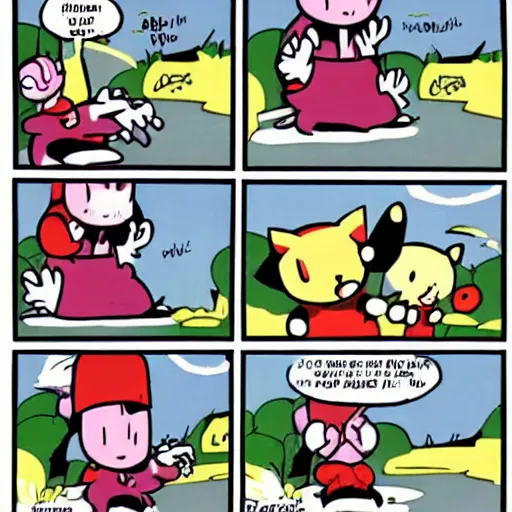 Image similar to a 4-panel comic about Kirby fighting pokemon in the style of calvin and hobbes