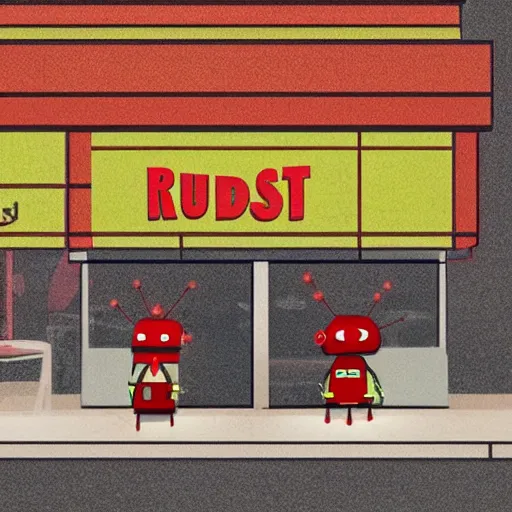 Image similar to a fast food restaurant runned by cute tiny robots, digital art