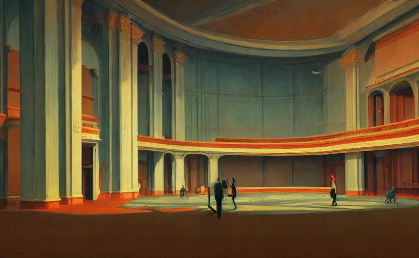 Image similar to Inside a Opera house, very coherent, painted by Edward Hopper, Wayne Barlowe, painted by James Gilleard, airbrush, art by JamesJean