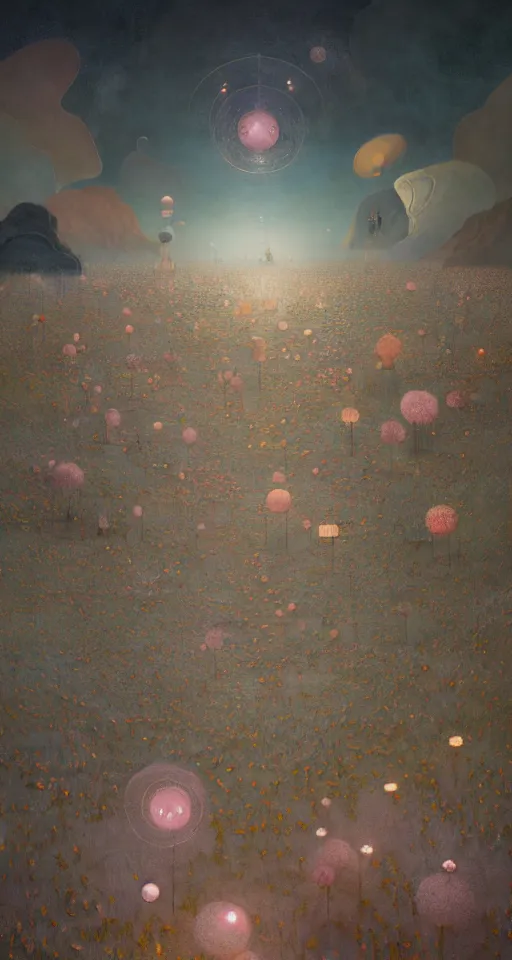 Prompt: blossoming village of distant life, rhythm, imperil, illusion, digital painting by greg rutkowski, hilma af klint, moebius, victo ngai, sharp focus, global illumination, highly detailed, masterpiece, award winning, post processing