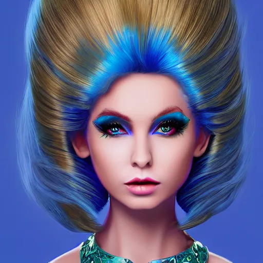 Image similar to Glam hair, 80s hair, Elf girl with blue skin, alien skin, blue elf, blue, blue-skinned elf, green hair, hairspray, big hair, wild hair, glam make-up, 80s, illustration, fantasy art, trending on ArtStation, 1980s fantasy art