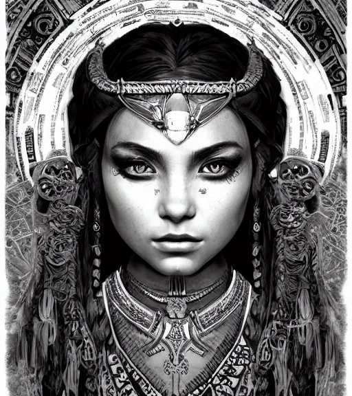 Image similar to beautiful intricate exquisite mayan princess realistic face, beautiful eyes, black and white drawing, in the style of greg rutkowski, fantasy, amazing detail, epic, intricate, elegant, smooth, sharp focus