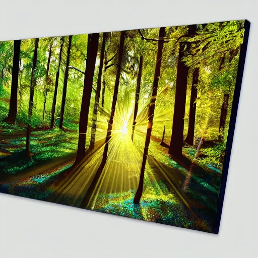 Image similar to forest, sun rays, with a river sparkling acryl painting 4 k