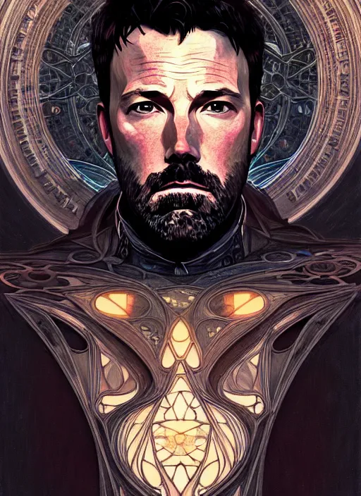 Image similar to portrait of ben affleck, volumetric lights, feast, music notes, art nouveau botanicals, gothic, intricate, highly detailed, digital painting, artstation, concept art, smooth, sharp focus, symmetric face, illustration, steampunk, art by artgerm and greg rutkowski and alphonse mucha