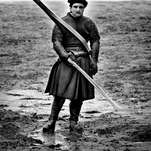 Prompt: Medieval squire with medieval clothes. Standing in the mud. Black & White photo.