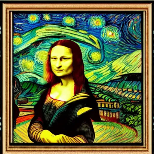 Prompt: pastel, mona lisa by van gogh, starry night, gaussian blur