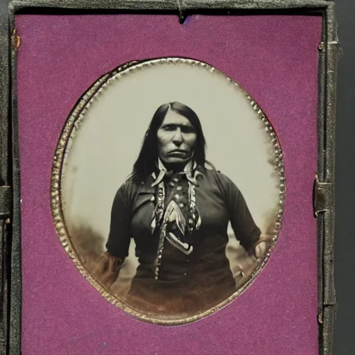 Image similar to tintype photo, native american riding unicorn