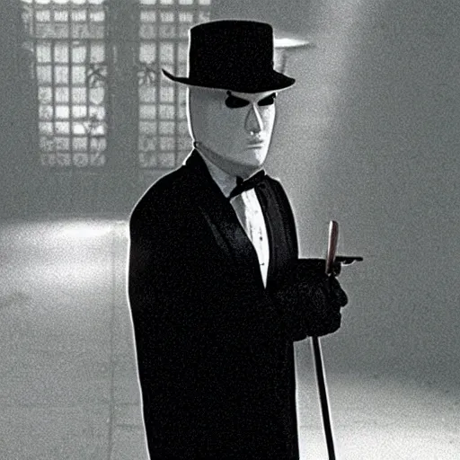 Prompt: a film still of a man holding a cane wearing a black suit with a black bowler hat with a robotic face in Lost Highway(1997)