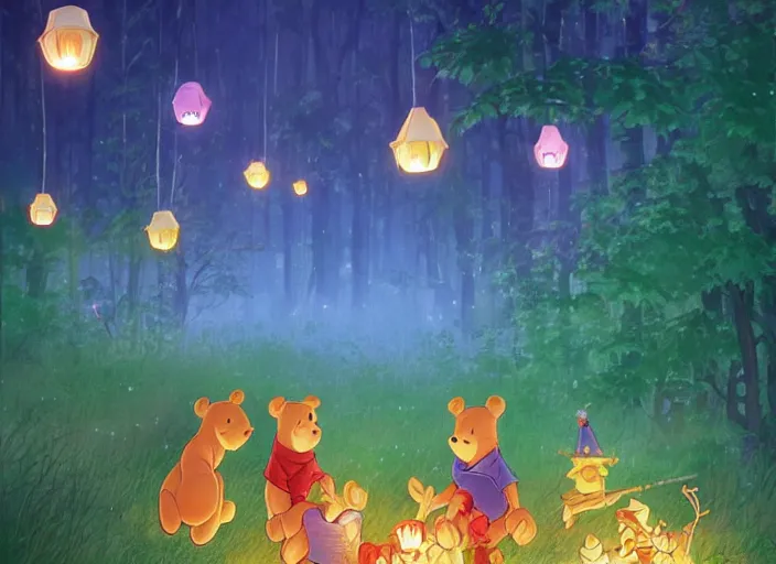 Prompt: concept art of a birthday party in the woods at night with winnie the pooh characters, paper lanterns and fairy lights, detailed, realistic, cel shaded, in the style of makoto shinkai and moebius and peter mohrbacher and james gurney