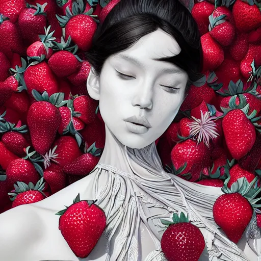 Prompt: the professional photoshoot of an absurdly beautiful, graceful, elegant, sophisticated, fashionable young black model made of strawberries and white petals, an ultrafine hyperdetailed illustration by kim jung gi, irakli nadar, intricate linework, bright colors, octopath traveler, final fantasy, unreal engine 5 highly rendered, global illumination, radiant light, detailed and intricate environment