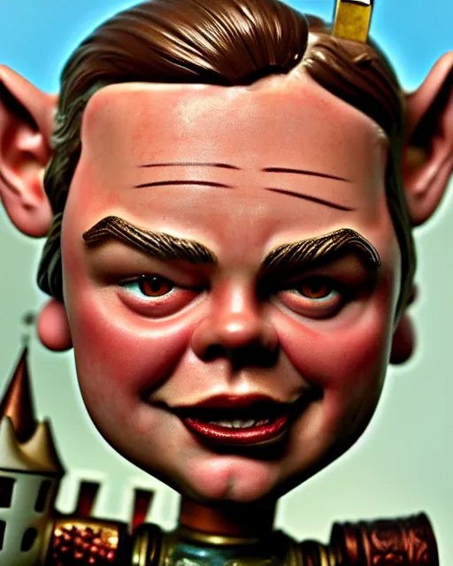 Image similar to highly detailed closeup, face profile portrait of a tin toy leonardo dicaprio as a medieval goblin eating cakes in a castle, hyper realistic, artstation, illustration, nicoletta ceccoli, mark ryden, lostfish, dan decarlo, bob clampett, max fleischer, digital paint, matte paint, vivid colors, detailed and intricate environment