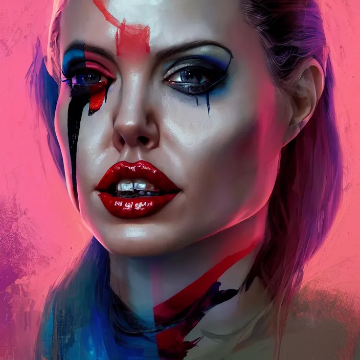 Image similar to portrait of Angelina Jolie as a harley quinn. intricate abstract. intricate artwork. by Tooth Wu, wlop, beeple, dan mumford. octane render, trending on artstation, greg rutkowski very coherent symmetrical artwork. cinematic, hyper realism, high detail, octane render, 8k, iridescent accents