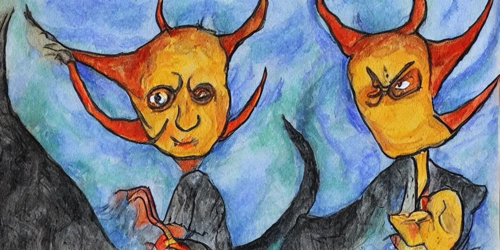 Prompt: children's artbook depiction of satan, crudely drawn, art book, oilpaint, watercolor, funny, goofy