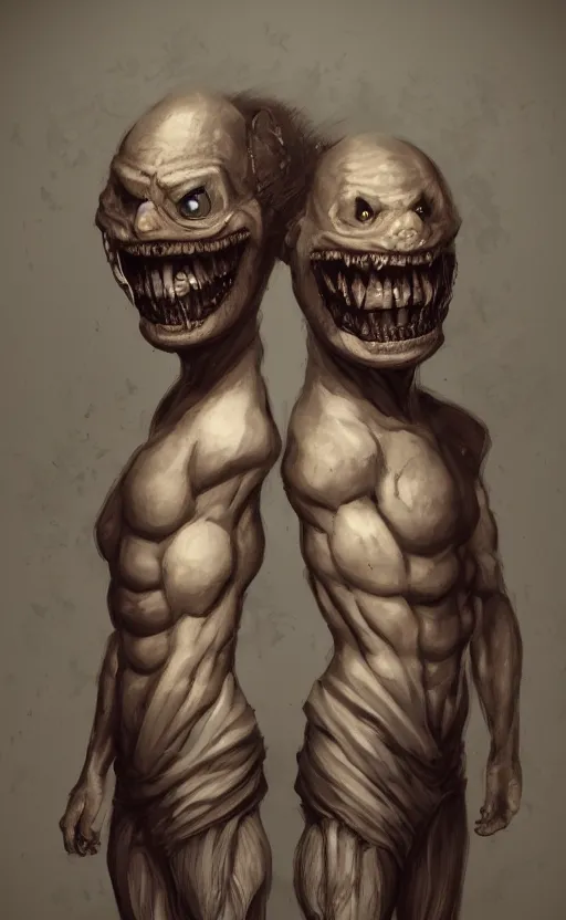 Image similar to full body portrait of of a two headed monster smiley creepily, dynamic lighting, photorealistic, fantasy concept art, ambient lighting, atmospherical, stunning visuals, creative, cinematic, ultra detailed, trending on art station