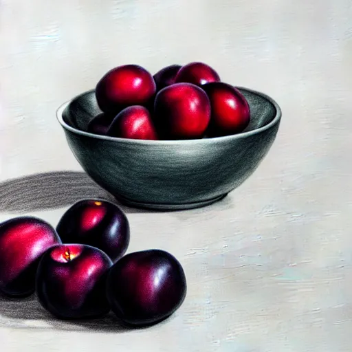 Image similar to concept art drawing of a single thick porcelain bowl filled with a few moist freshly picked plums on a wooden table. volumetric lighting. small scale. artistic. trending on artstation.